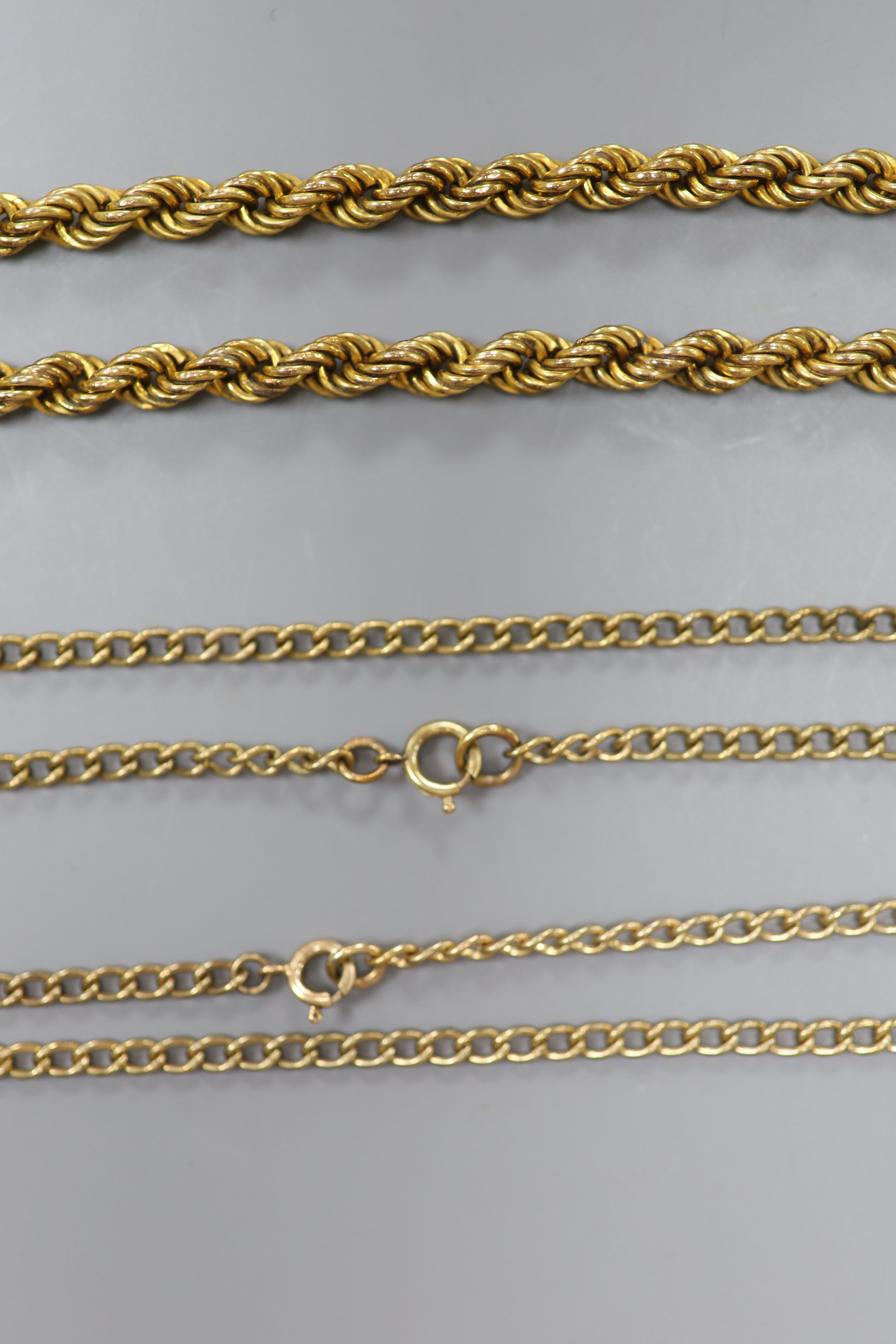 Three assorted modern 9ct gold chains, including ropetwist, longest 50cm